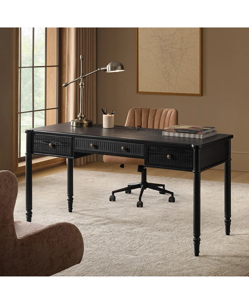 Hulala Home Antoinette 60''W Transitional Fluted Simple Assembly Desk with Charging Station