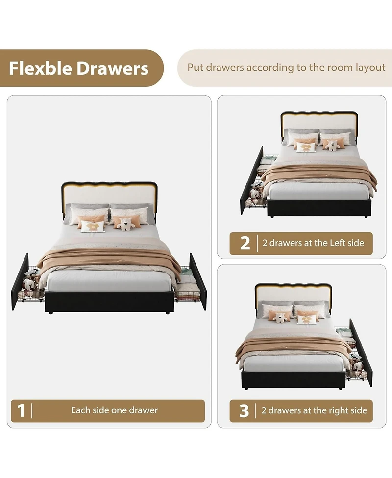 gaomon Upholstered Led Bed Frame with Storage Drawer and Adjustable Headboard, Velvet Princess Platform Bed