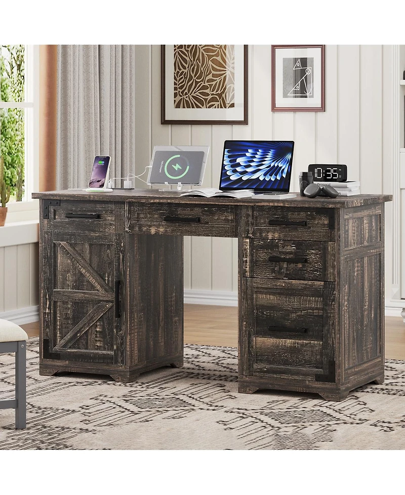 Streamdale Furniture 55'' Farmhouse Executive Desk with Charging Station 5 Drawers and Cabinet