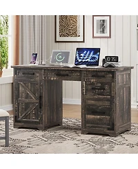Streamdale Furniture 55'' Farmhouse Executive Desk with Charging Station 5 Drawers and Cabinet