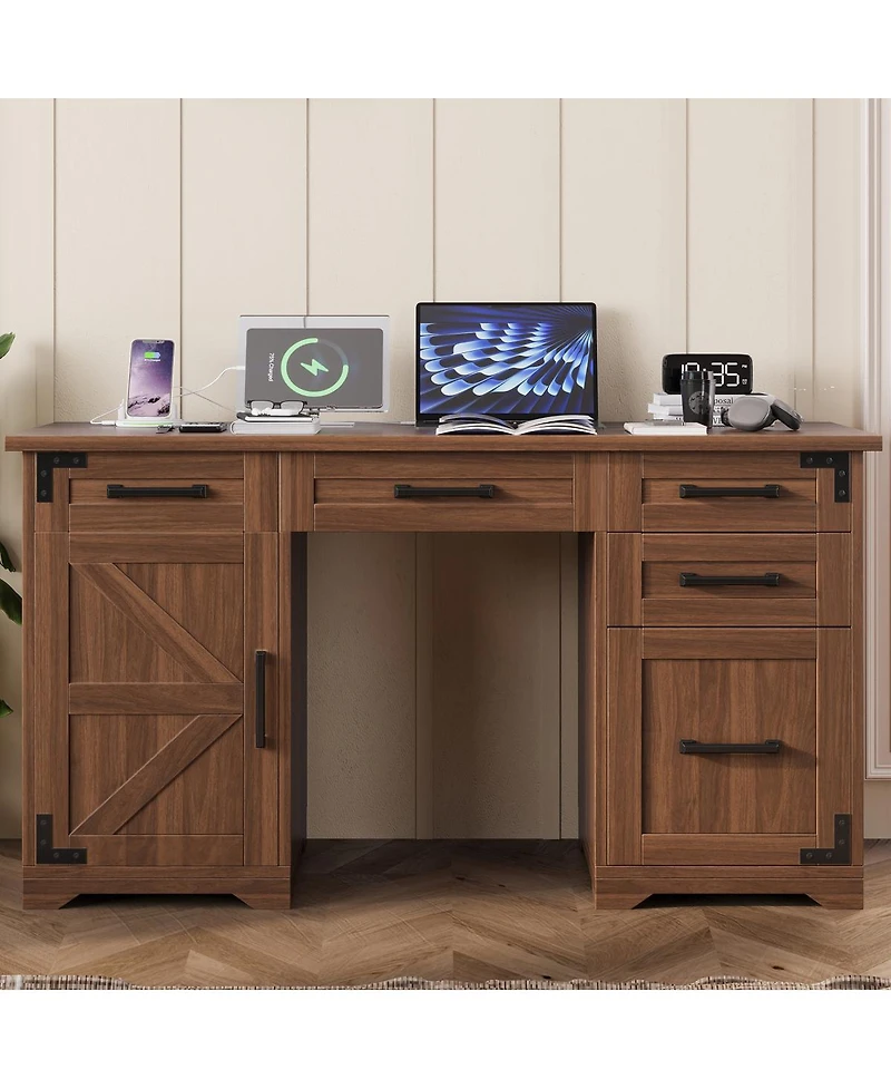Streamdale Furniture 5'' Farmhouse Executive Desk with Charging Station 5 Drawers and Cabinet Walnut