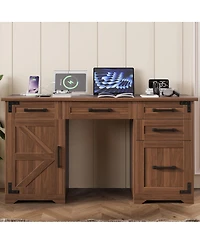 Streamdale Furniture 5'' Farmhouse Executive Desk with Charging Station 5 Drawers and Cabinet Walnut