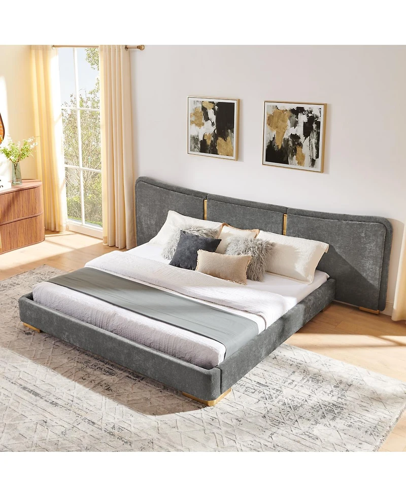 Streamdale Furniture King Size Extra Large Chenille Platform Bed with Curved Headboard