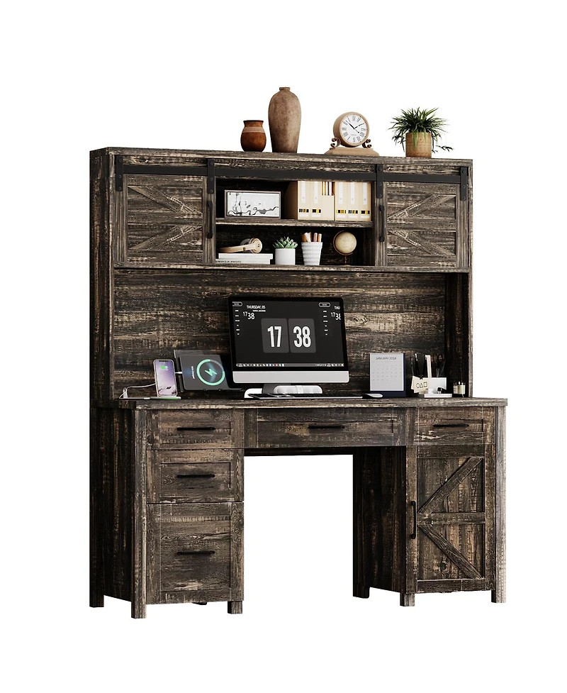 Streamdale Furniture Farmhouse Executive Desk with Hutch Charging Station and Barn Door Storage