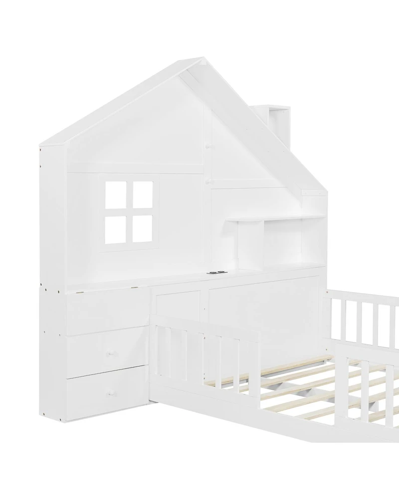 Streamdale Furniture House Bed with Storage Shelves and Usb Charging Port