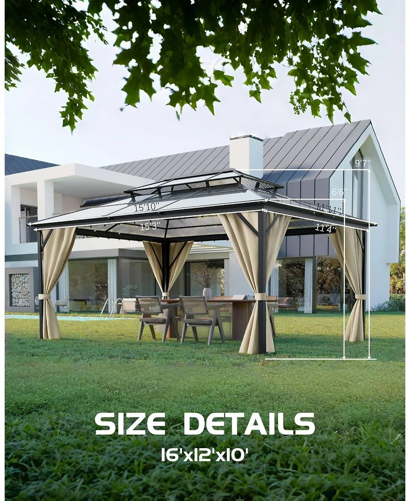 gaomon Hardtop Gazebo 12 x16 Feet for All Weather, Double Polycarbonate Sheets Roof, Aluminum Alloy Frame