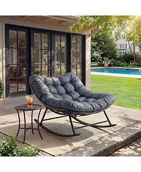 gaomon Oversized Papasan Rocking Chair Egg-Shaped Rattan Chaise Lounge with Removable Cushion, Metal Frame and Non-Slip Feet for Patio and Garden
