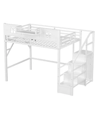 Streamdale Furniture Full Size Metal Loft Bed with Stairs Wardrobe and House-Shaped Guardrails