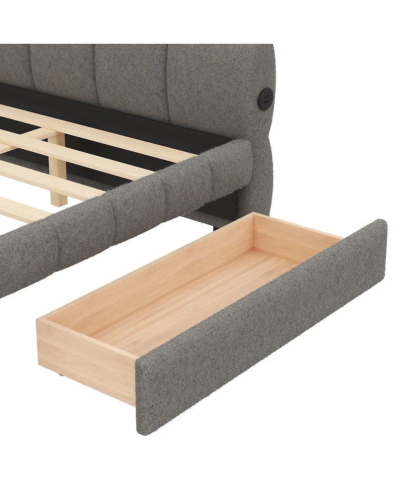 Streamdale Furniture Upholstered Platform Bed with Usb and 2 Drawers