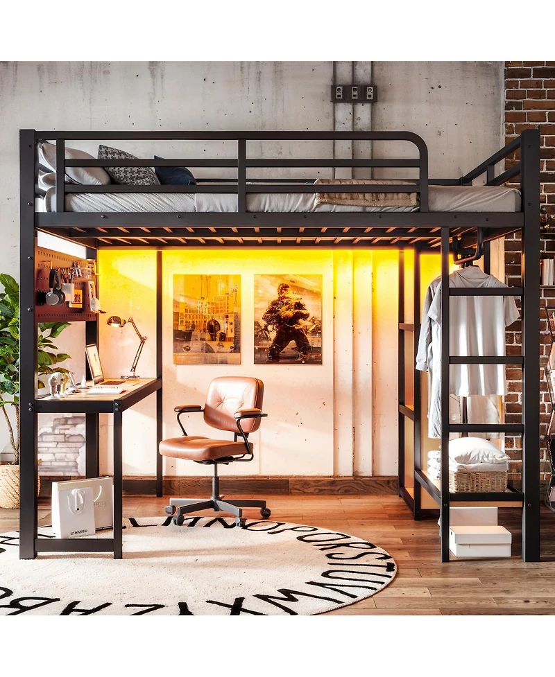 Streamdale Furniture Full Loft Bed with Desk Storage Shelves Usb Ports and Lights