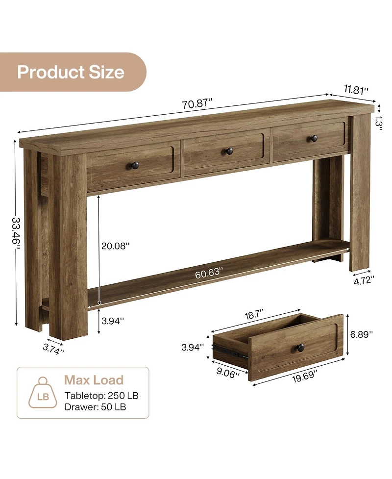 Tribesigns 70.9'' Long Console Table with 3 Drawers, Farmhouse Entryway Table with Storage, Rectangular Narrow Sofa Table Behind the Couch