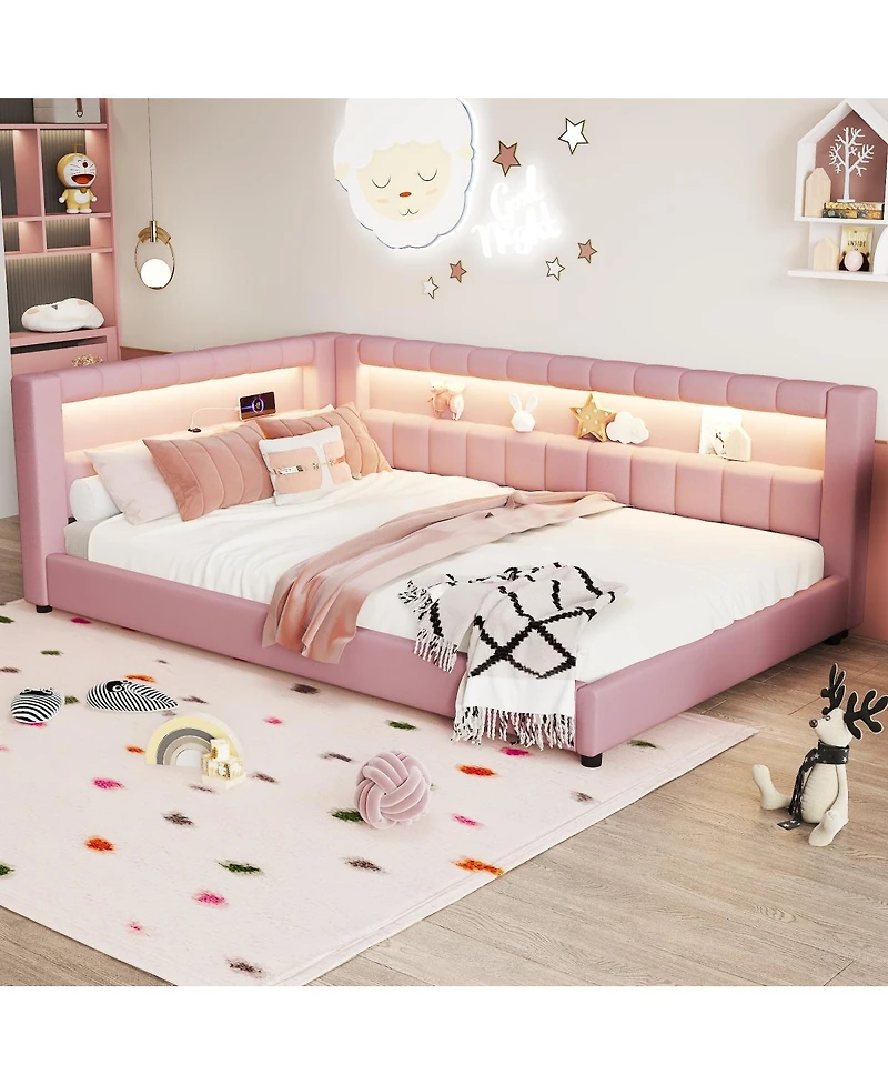 Streamdale Furniture Upholstered Full Xl Size Platform Bed with Usb Ports and Led Belt