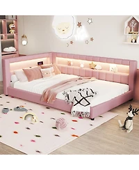Streamdale Furniture Upholstered Full Xl Size Platform Bed with Usb Ports and Led Belt