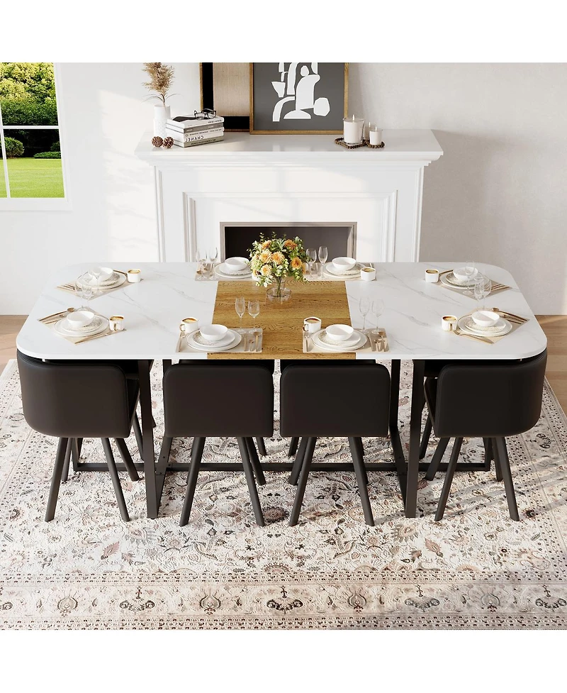 Streamdale Furniture 9 Piece Square Faux Marble Dining Set with 8 Pu Leather Chairs