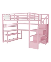 Streamdale Furniture Full Size Metal Loft Bed with Staircase Desk Wardrobe and Led Lights