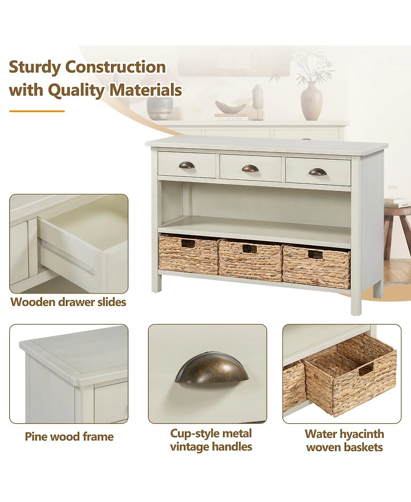 Streamdale Furniture Retro Console Table with 3 Storage Drawers and Woven Baskets