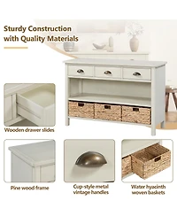 Streamdale Furniture Retro Console Table with 3 Storage Drawers and Woven Baskets