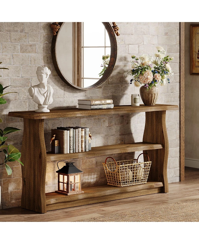 Tribesigns 63" Solid Wood Console Table, Farmhouse Entryway Table with 2-Tier Storage Shelf, Rusti Sofa Table