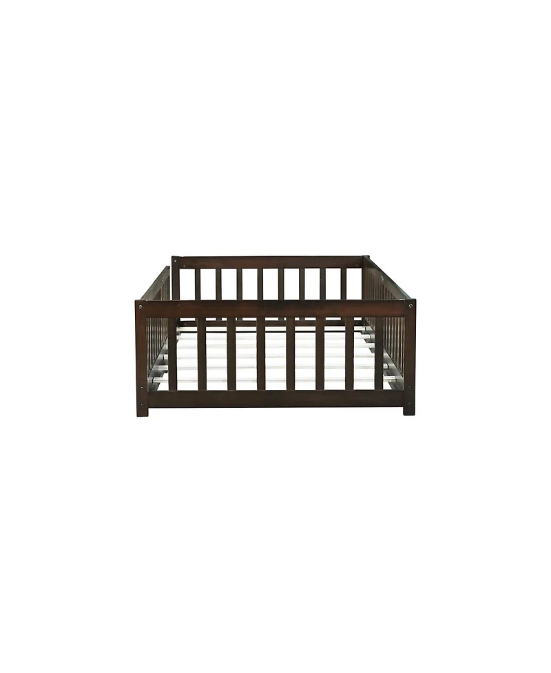 Streamdale Furniture Twin Size Floor Bed with Fence Rubber Wood with Safety Guardrails Espresso