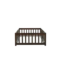 Streamdale Furniture Twin Size Floor Bed with Fence Rubber Wood with Safety Guardrails Espresso