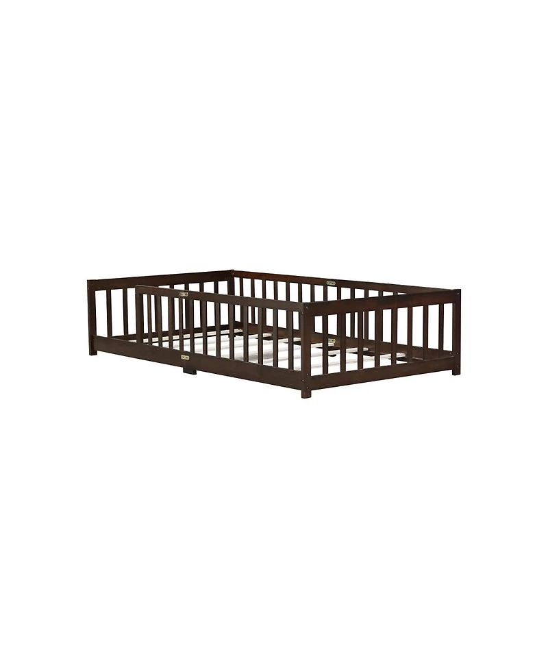 Streamdale Furniture Twin Size Floor Bed with Fence Rubber Wood with Safety Guardrails Espresso