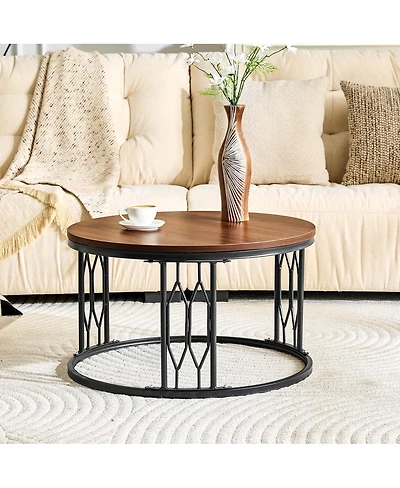 Streamdale Furniture 27.5'' Round Walnut Mdf Coffee Table with Sturdy Metal Frame