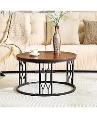 Streamdale Furniture 27.5'' Round Walnut Mdf Coffee Table with Sturdy Metal Frame