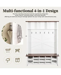 Streamdale Furniture Farmhouse 4-in-1 Hall Tree with Bench 6 Hooks and 16 Shoe Cubbies
