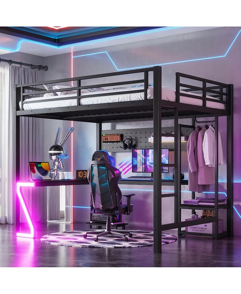 Streamdale Furniture Metal Loft Bed with L-Shaped Desk Usb Ports and Led Lights