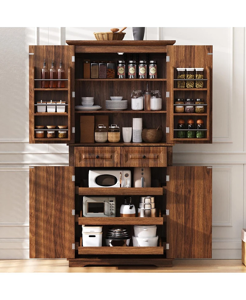 Streamdale Furniture 71'' Tall Farmhouse Kitchen Pantry with 3 Pull-Out Organizers and 2 Drawers