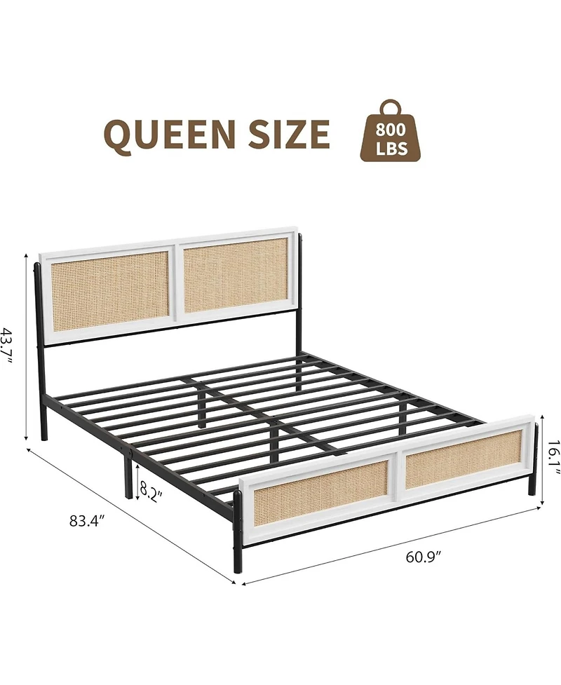 gaomon Boho Queen Size Rattan Bed Frame, Wooden Queen Platform Bed with Rattan Headboard and Footboard, No Box Spring Needed, Noise Free