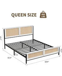 gaomon Boho Queen Size Rattan Bed Frame, Wooden Queen Platform Bed with Rattan Headboard and Footboard, No Box Spring Needed, Noise Free