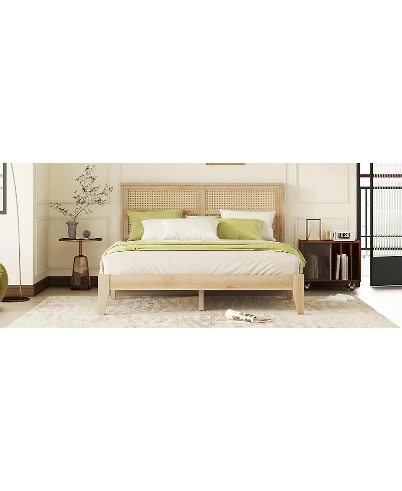Streamdale Furniture Queen Size Solid Rubberwood Bed with Rattan Headboard and Support Feet