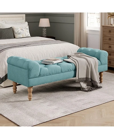 Streamdale Furniture Button-Tufted Upholstered Ottoman Bench with Rolled Arms Dusty Teal