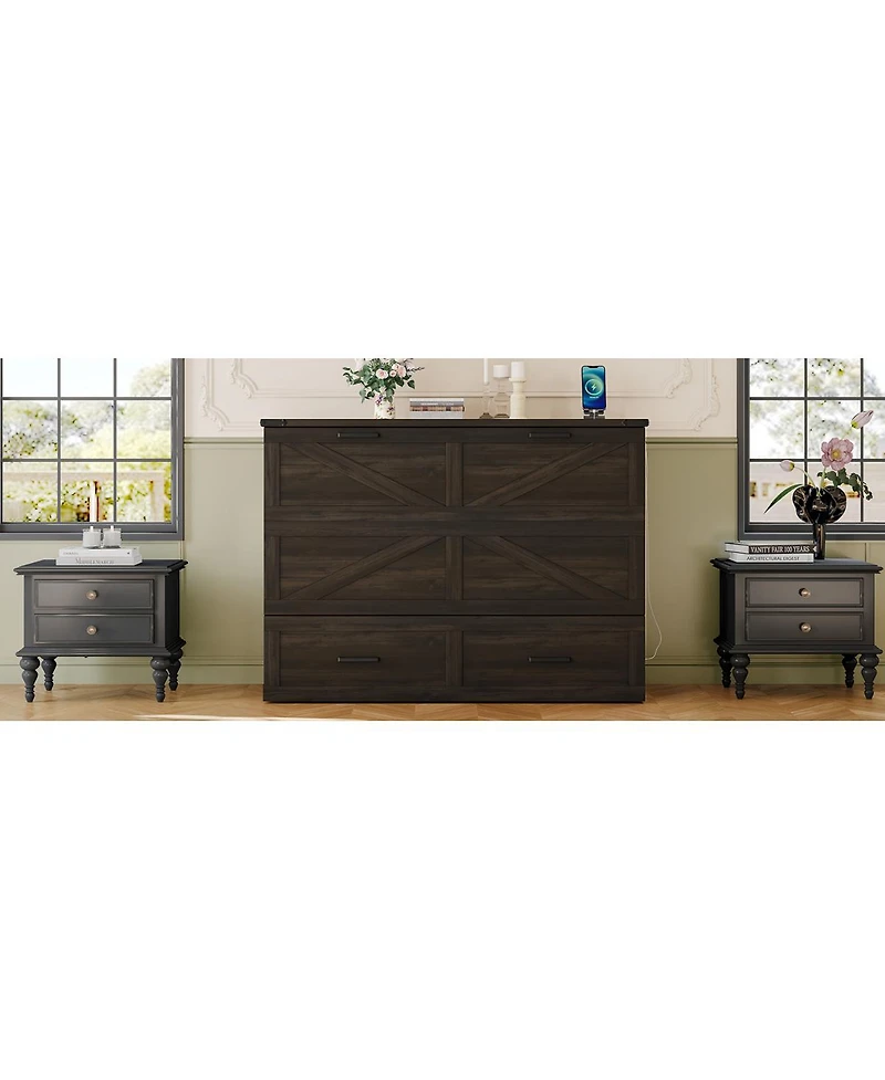 Streamdale Furniture Farmhouse Murphy Cabinet Bed with Charging Station and Storage Rustic