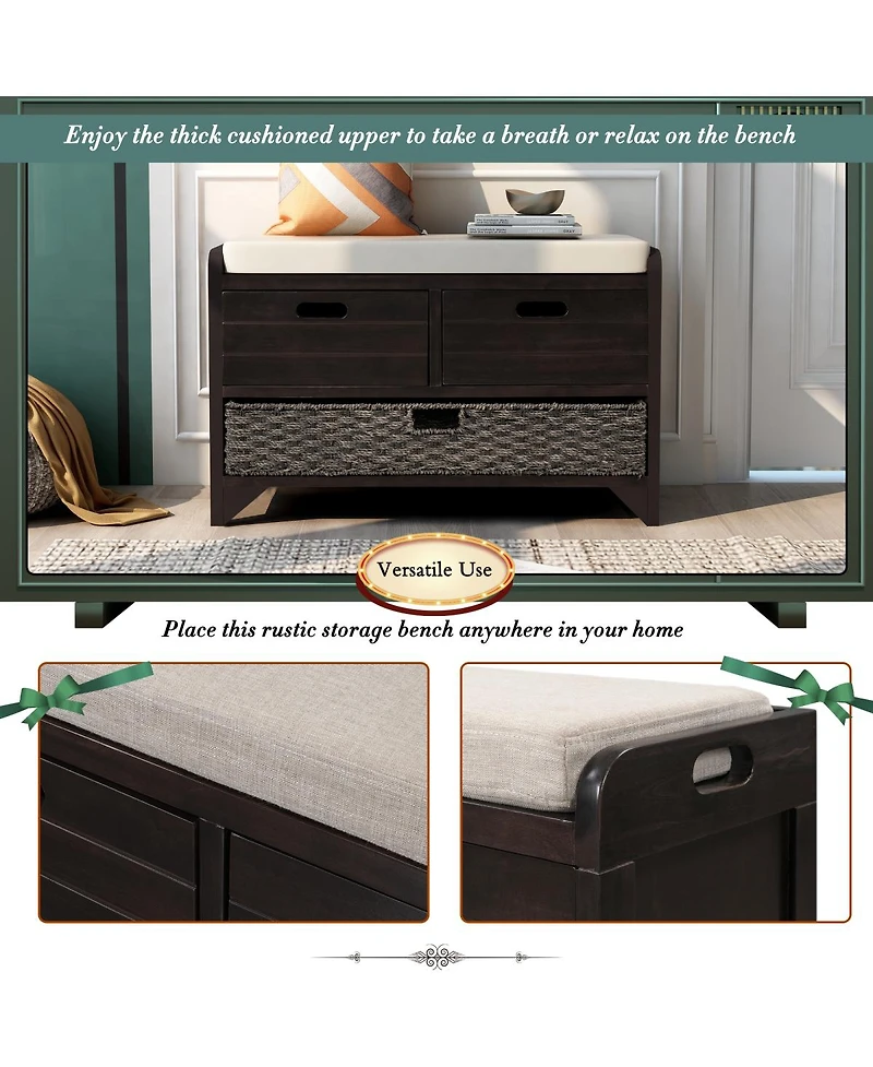 Streamdale Furniture Storage Bench with 2 Drawers Removable Basket and Cushion