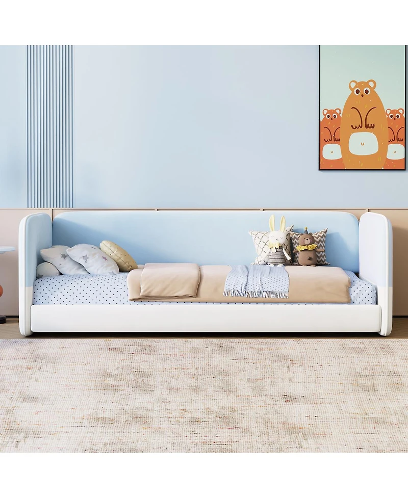 Streamdale Furniture Twin Montessori Floor Bed with Upholstered Headboard and Armrests