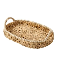 Gibson Home 17-Inch Woven Decorative Serving Tray – Large Natural Water Hyacinth Basket with Wood-Bead Trim and Handles