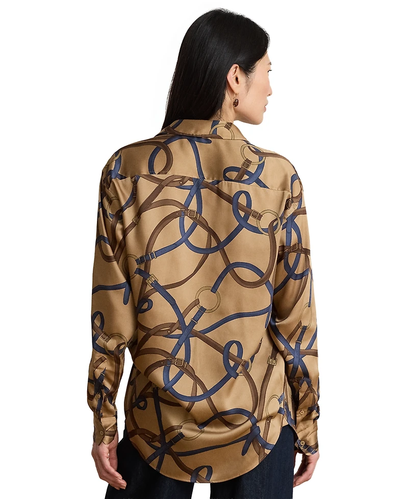 Lauren Ralph Petite Relaxed-Fit Belting-Print Twill Button-Up Top