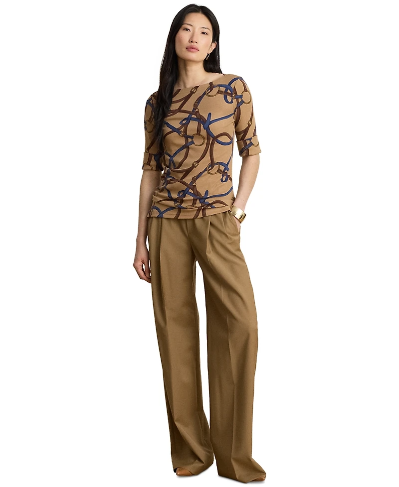 Lauren Ralph Petite Belting-Print Cotton Boatneck Slim-Fit Top