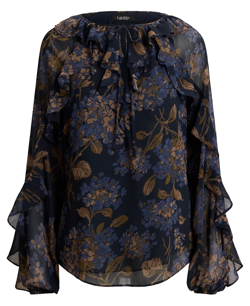 Lauren Ralph Petite Floral Crinkle Georgette Ruffle-Trim Tie-Neck Blouse