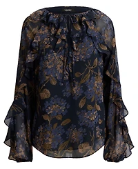 Lauren Ralph Petite Floral Crinkle Georgette Ruffle-Trim Tie-Neck Blouse