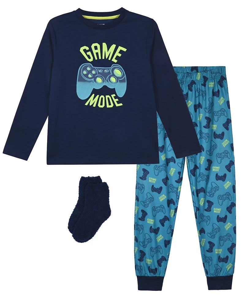 Max & Olivia Boys' 6-14 Bmi Gaming Print T-Shirt, Joggers and Socks, 3-Piece Pajama Set