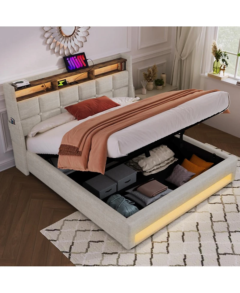 Streamdale Furniture Full Size Upholstered Hydraulic Storage Bed with Led and Charging Station