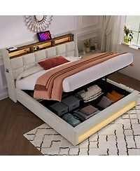 Streamdale Furniture Full Size Upholstered Hydraulic Storage Bed with Led and Charging Station