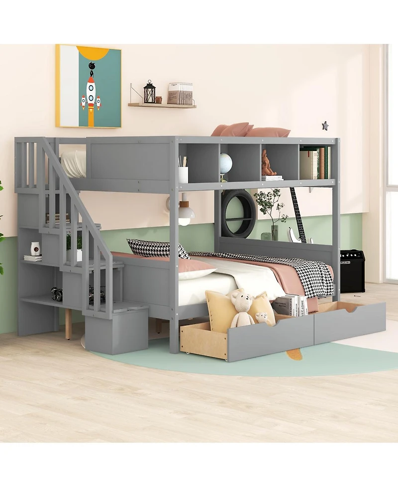 Streamdale Furniture Twin over Full Bunk Bed with Shelfs Storage Staircase and 2 Drawers