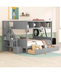 Streamdale Furniture Twin over Full Bunk Bed with Shelfs Storage Staircase and 2 Drawers