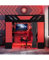 Streamdale Furniture Full Size Wood Loft Bed with Shelves Blackout Curtains and Rgb Lights