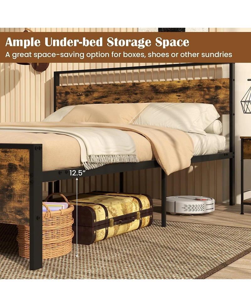 Sugift Queen Size Metal Bed Frame Industrial Platform Bed with Wooden Headboard