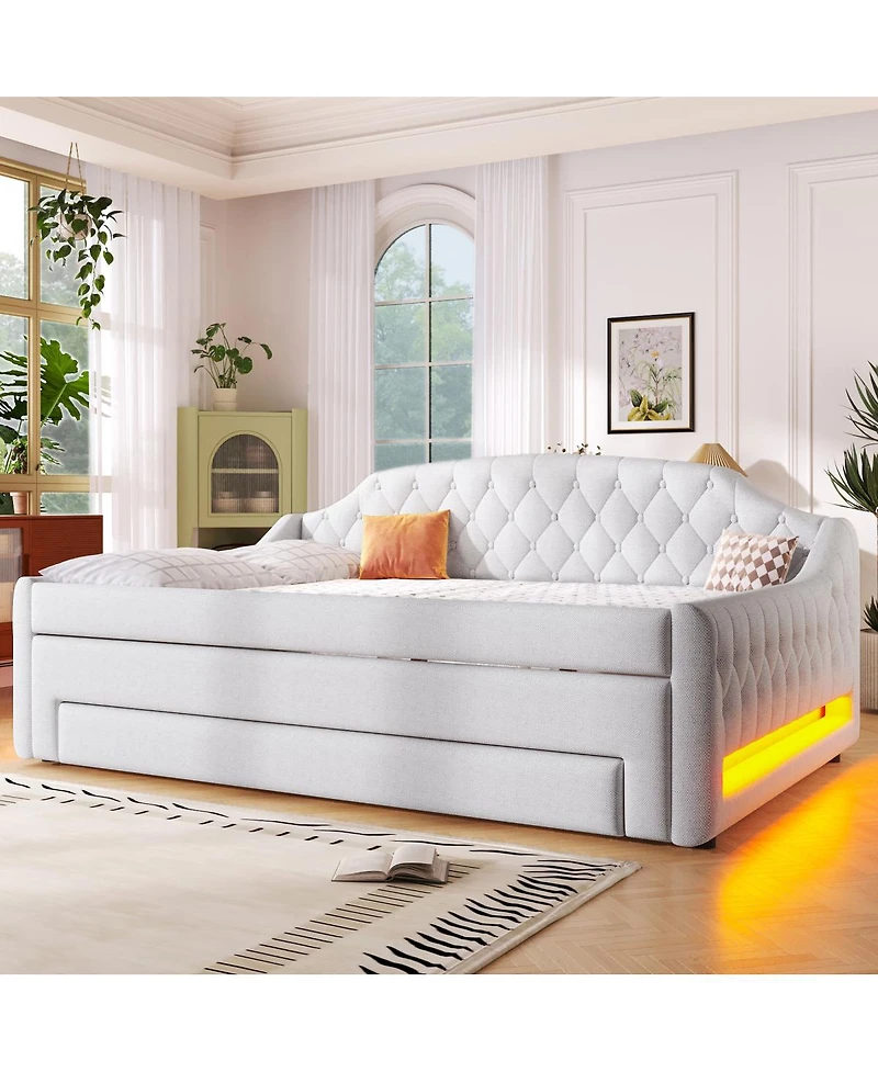 Streamdale Furniture Upholstered Full Size Daybed with Led Belt Trundle and Three Drawers